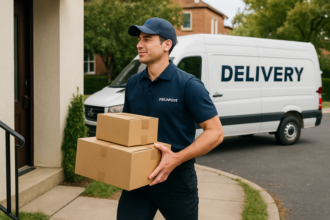 a delivery agent delivering packages and his delivery van is near by