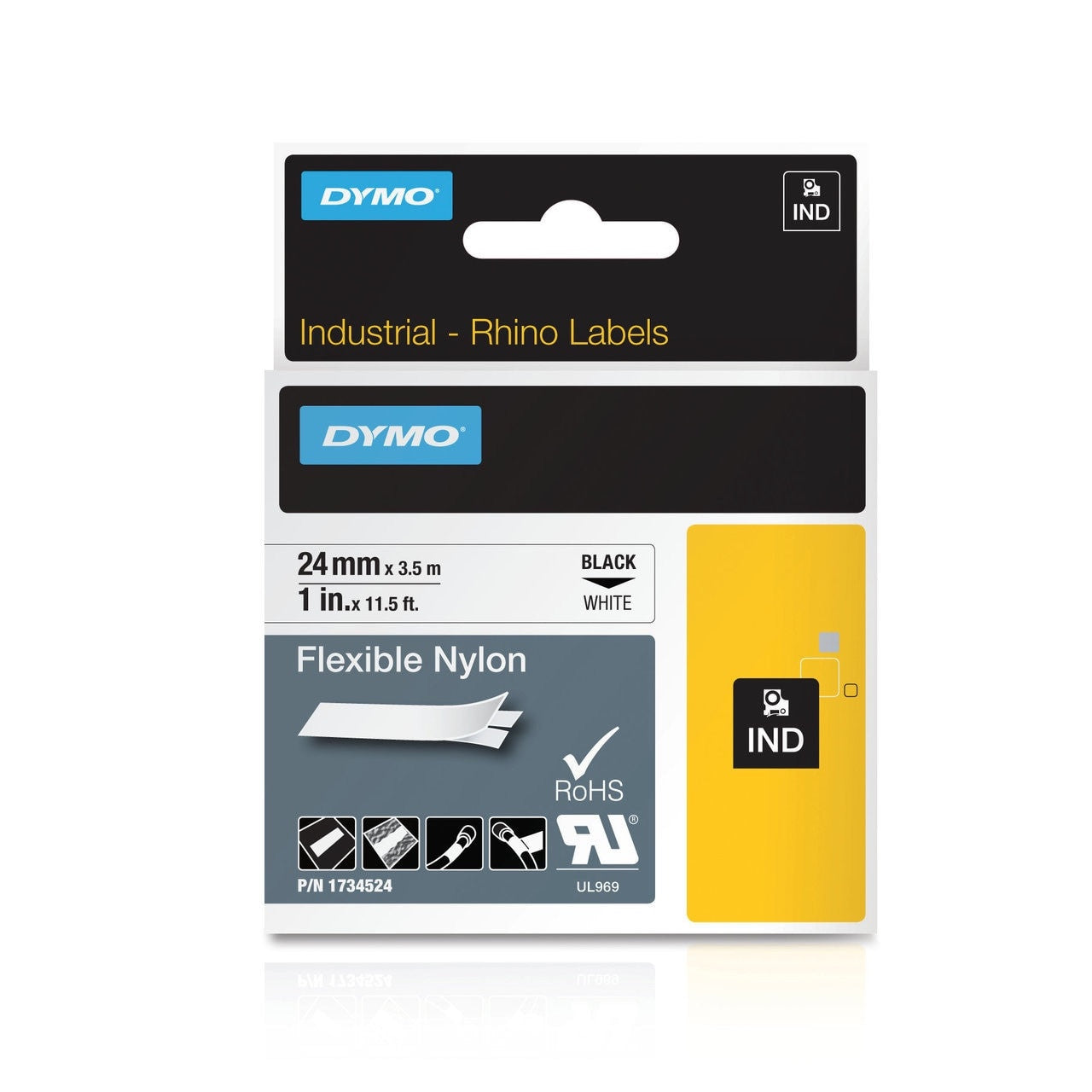 Dymo Rhino 1734524 Industrial Label Tape 24MMX3.5M Flexible Nylon Black On White