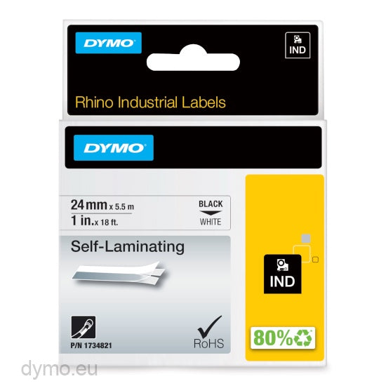 Dymo RHINO Tape  1734821 self-laminating vinyl black on white 24mmx5.5m
