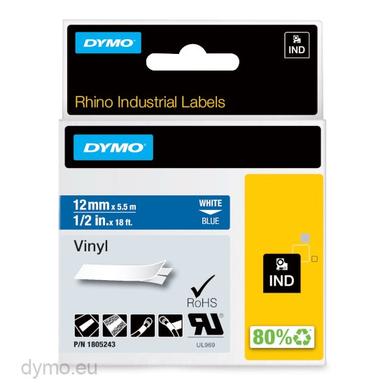 Dymo  Rhino 1805243 vinyl white on blue tape 12mm