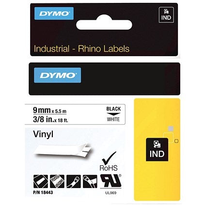 Dymo  Rhino 18443 Vinyl Tape, Black on White, 9mmx5.5m