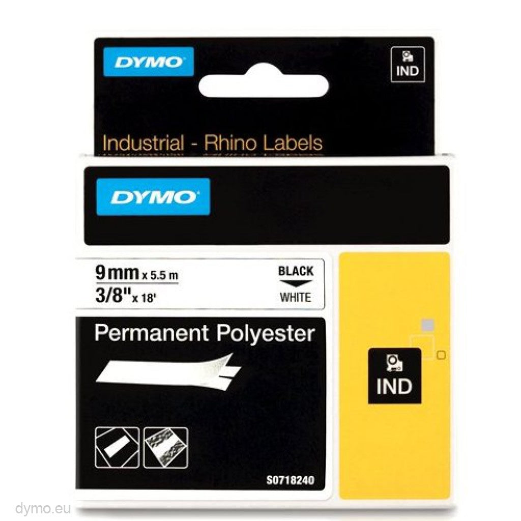Dymo RHINO 18482 permanent polyester black on white 9mm