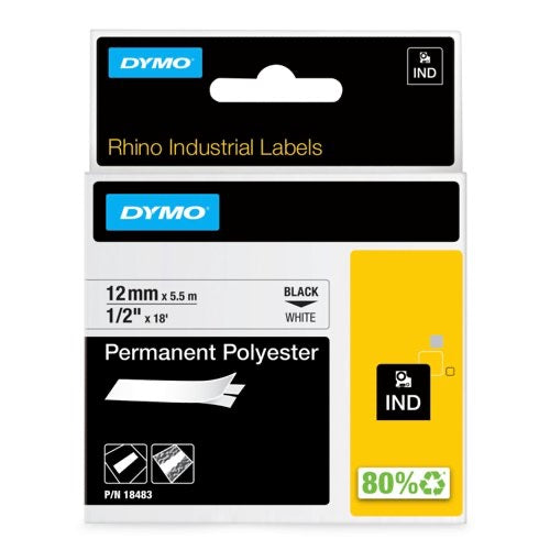 Dymo RHINO 18483 permanent polyester 12mmx5.5m black on white