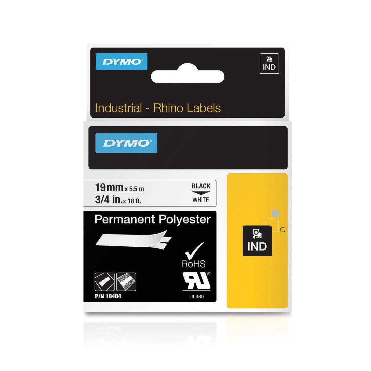 Dymo RHINO 18484 permanent polyester 19mmx5.5m black on white