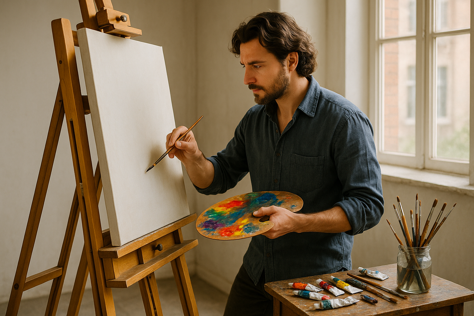 a artist painting in a canvas ehich is placed in a good easel stand 