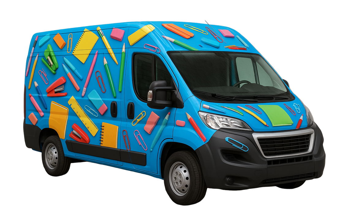 a delivery van with some stationery items photo sticker on van all over body in blue theme color code 1280c0 rgb code