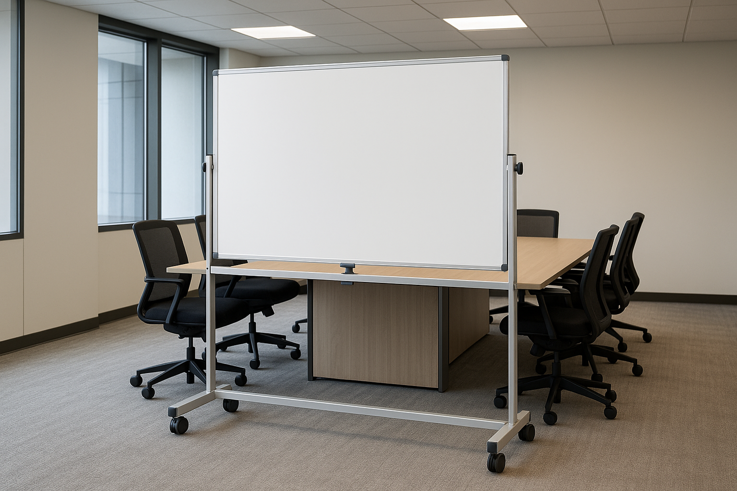 A double side revolving white board with wheel approx 90cmx120 in a office meeting 