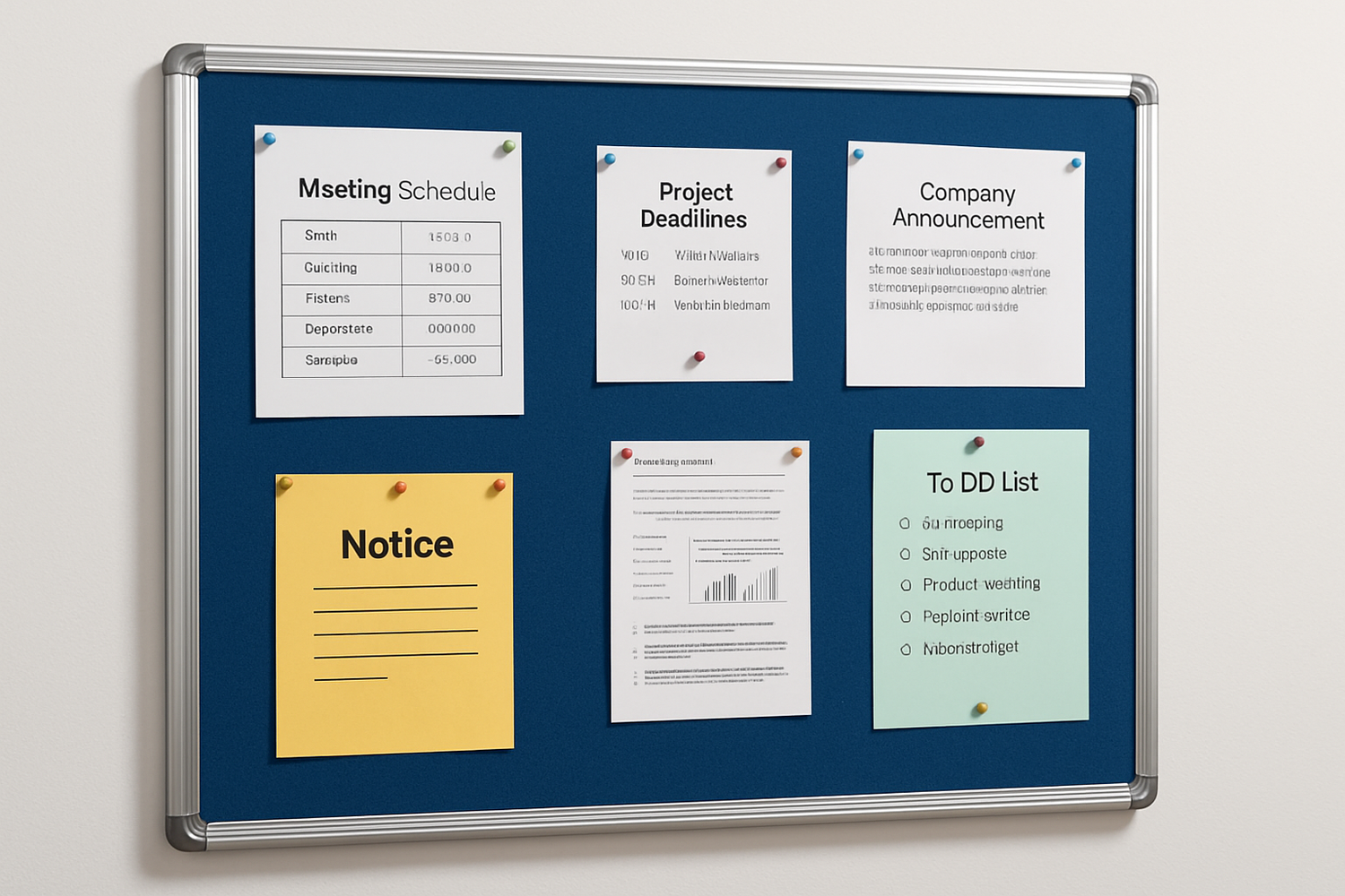 a notic board blue with alumium frame in a office wall oinned by some notice and task