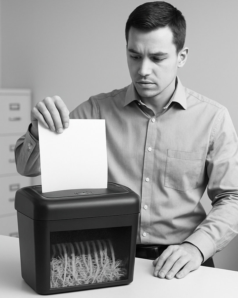 A OFFICE GUY SHREDING PAPER USING SHREDDER MACHINE 