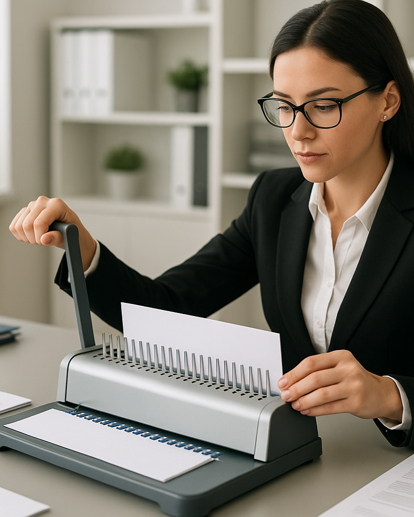 A office lady binding book using comb binding machine 