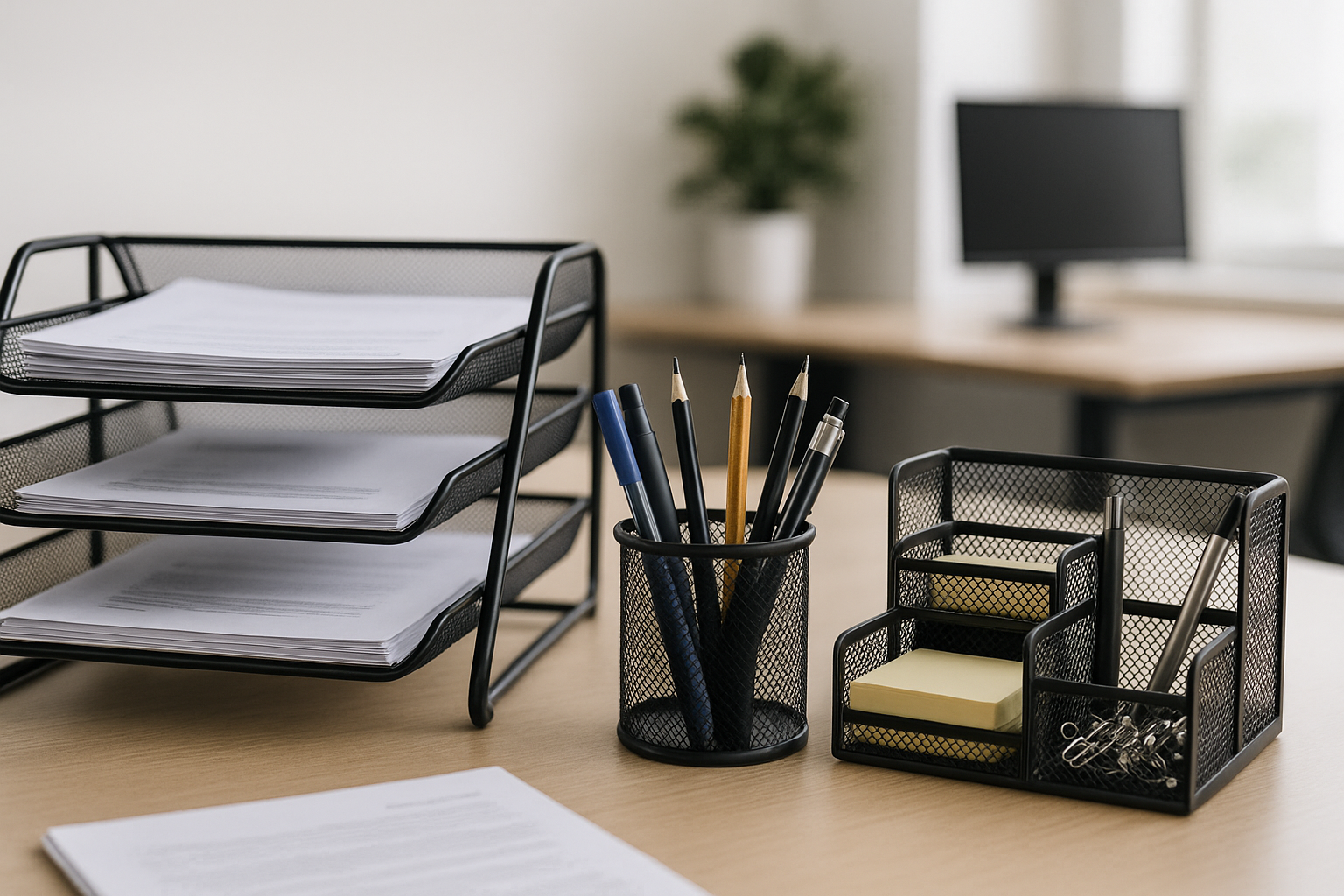A office table with 1 three layer metal mesh black paper tray qith some papers  , 1 pen holder metal mesh round black   with some pens , 1 sek organaiser black metal mesh with sticky note and pens and other items
