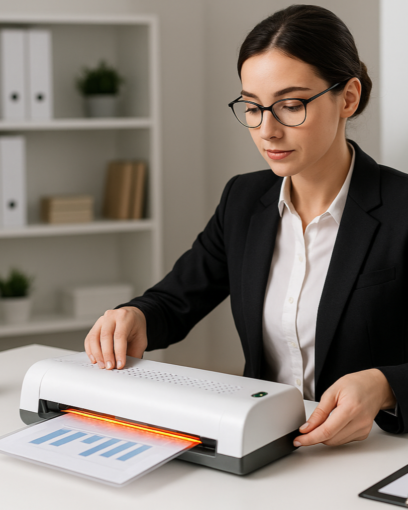 A PAPER LAMINATING MACHINE LAMINATING BY A OFFICE LADY