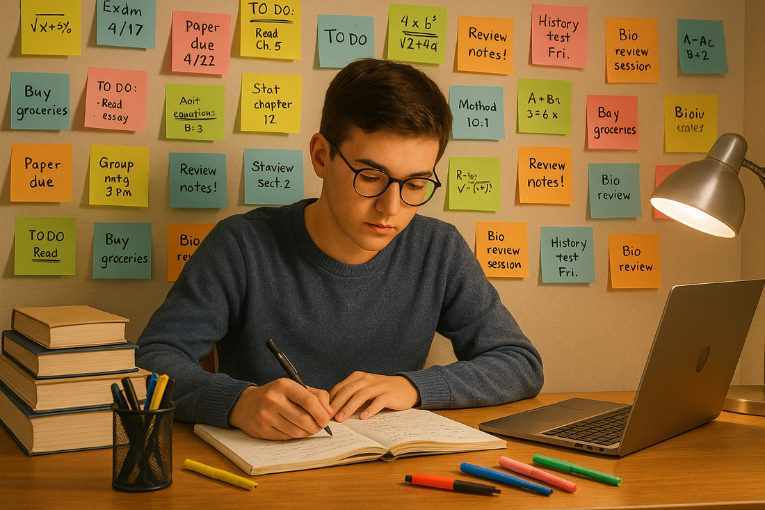 A student studying in his table and sticked some sticky notes in different colors 