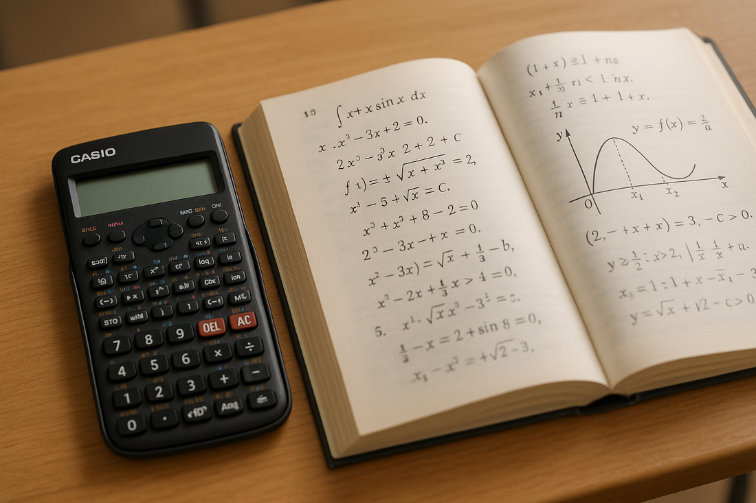casio scintific calculator in a school table beside a maths book