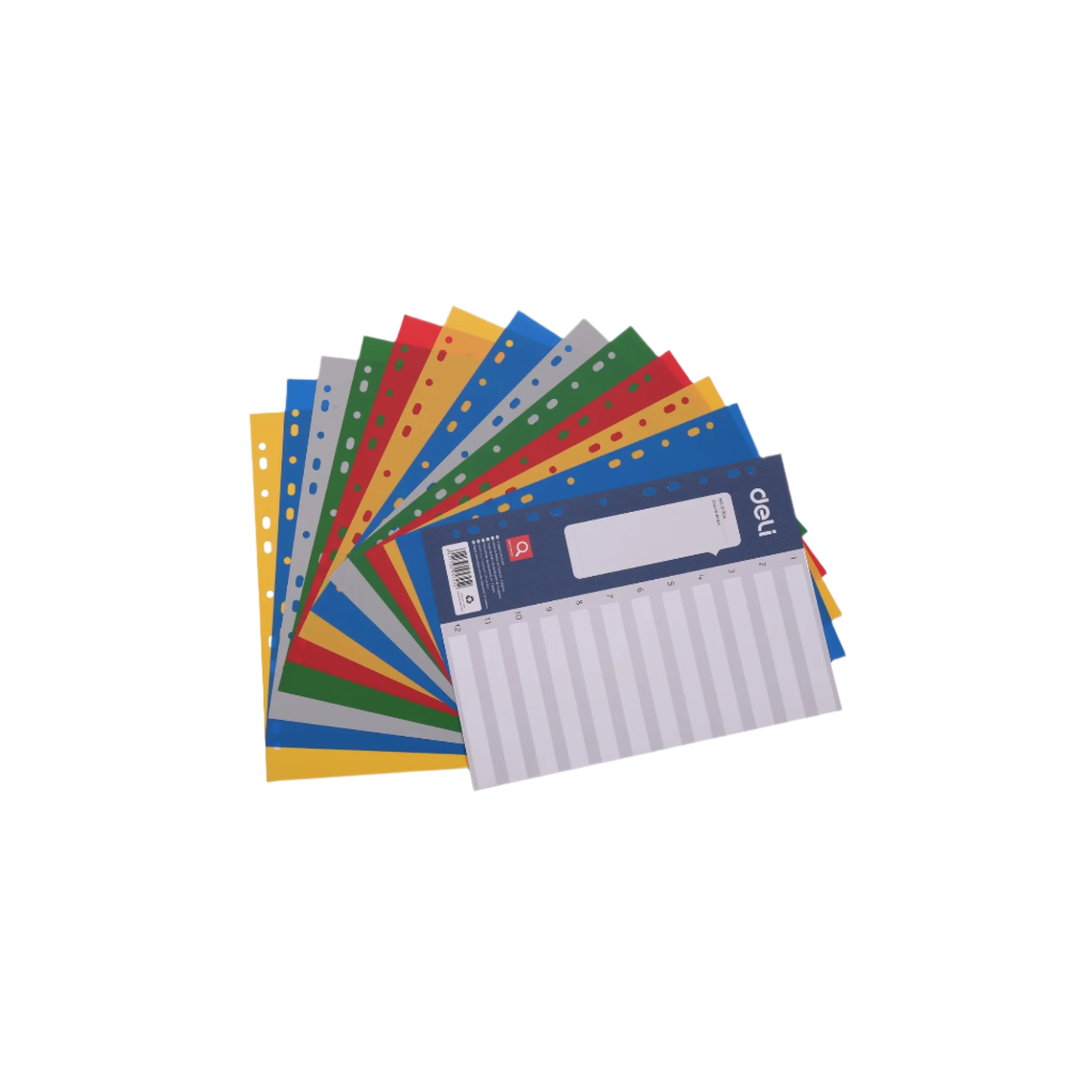 Close-up of Deli PP Plastic Divider 1-12 showing multi-colored tabs for easy document categorization in Qatar