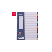 Deli PP Plastic Divider 1-12 in A4 size with multi-colored tabs, ideal for document organization in Qatar