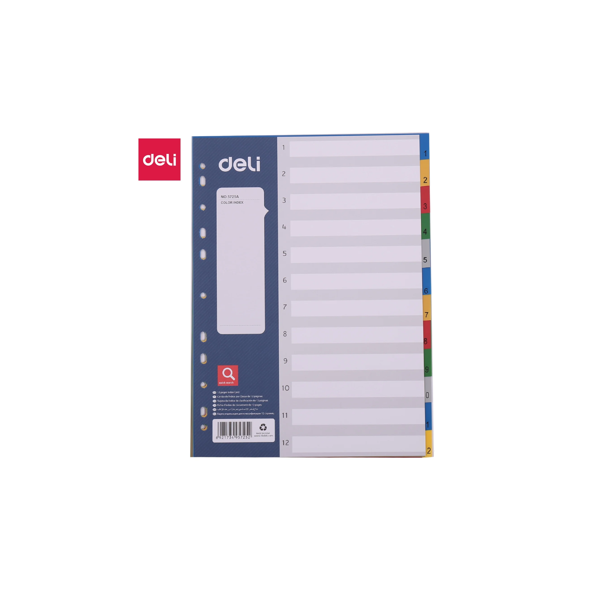Deli PP Plastic Divider 1-12 in A4 size with multi-colored tabs, ideal for document organization in Qatar