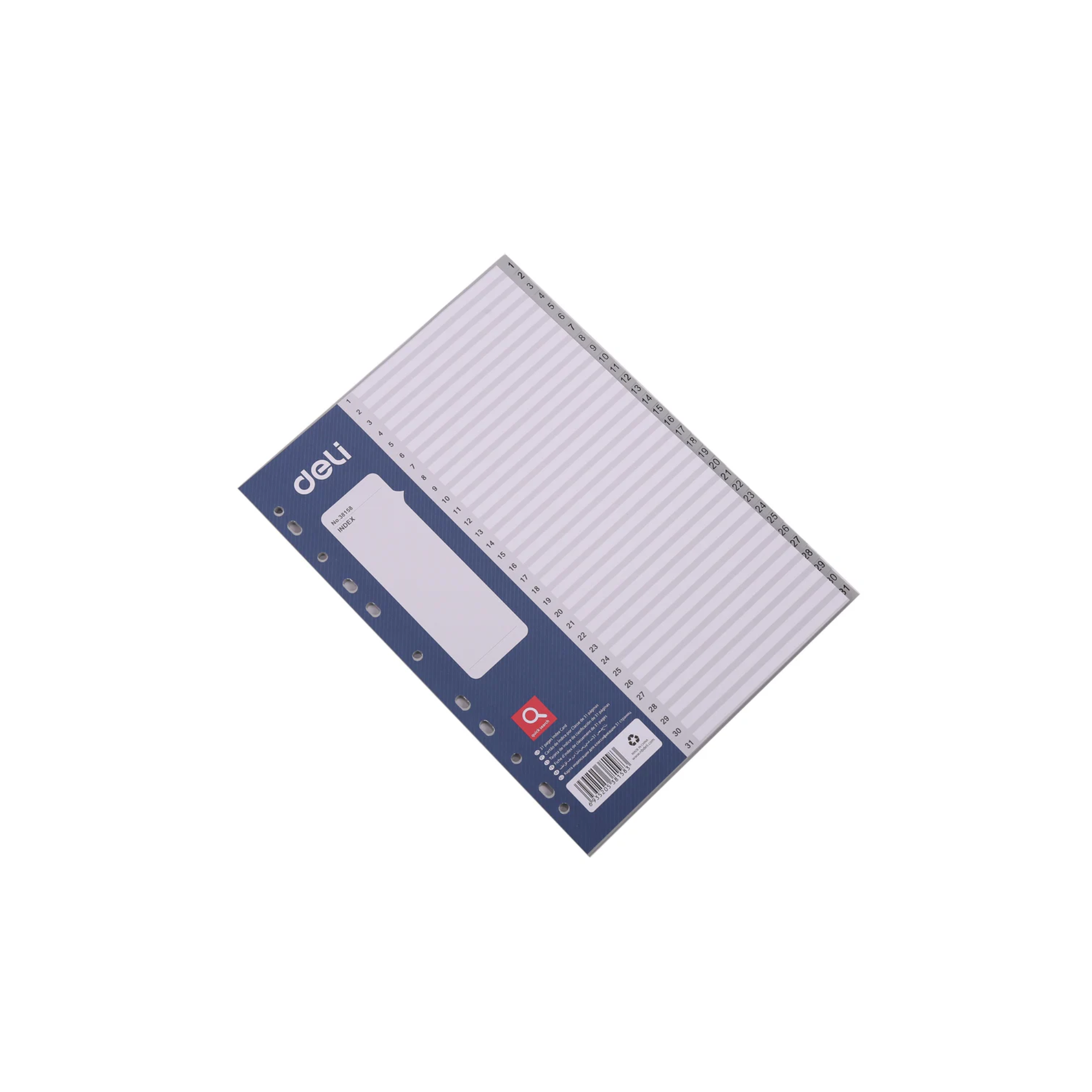 Front view of Deli PVC Index Divider (Grey, 1–31) showing 31 numbered tabs.