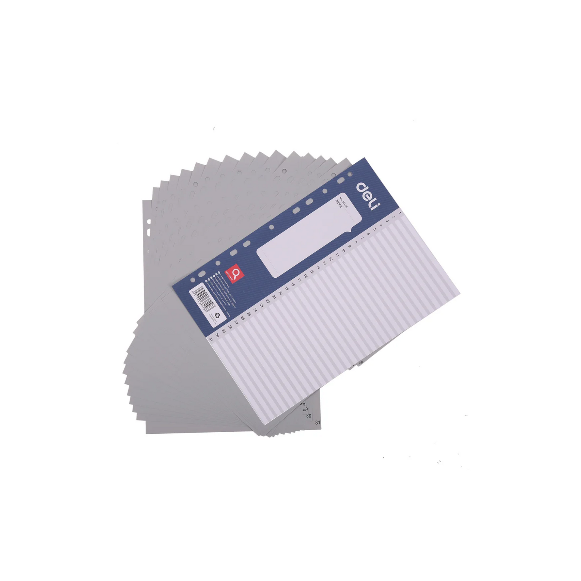 Side profile of Deli PVC Index Divider (Grey, 1–31) displaying tab arrangement.