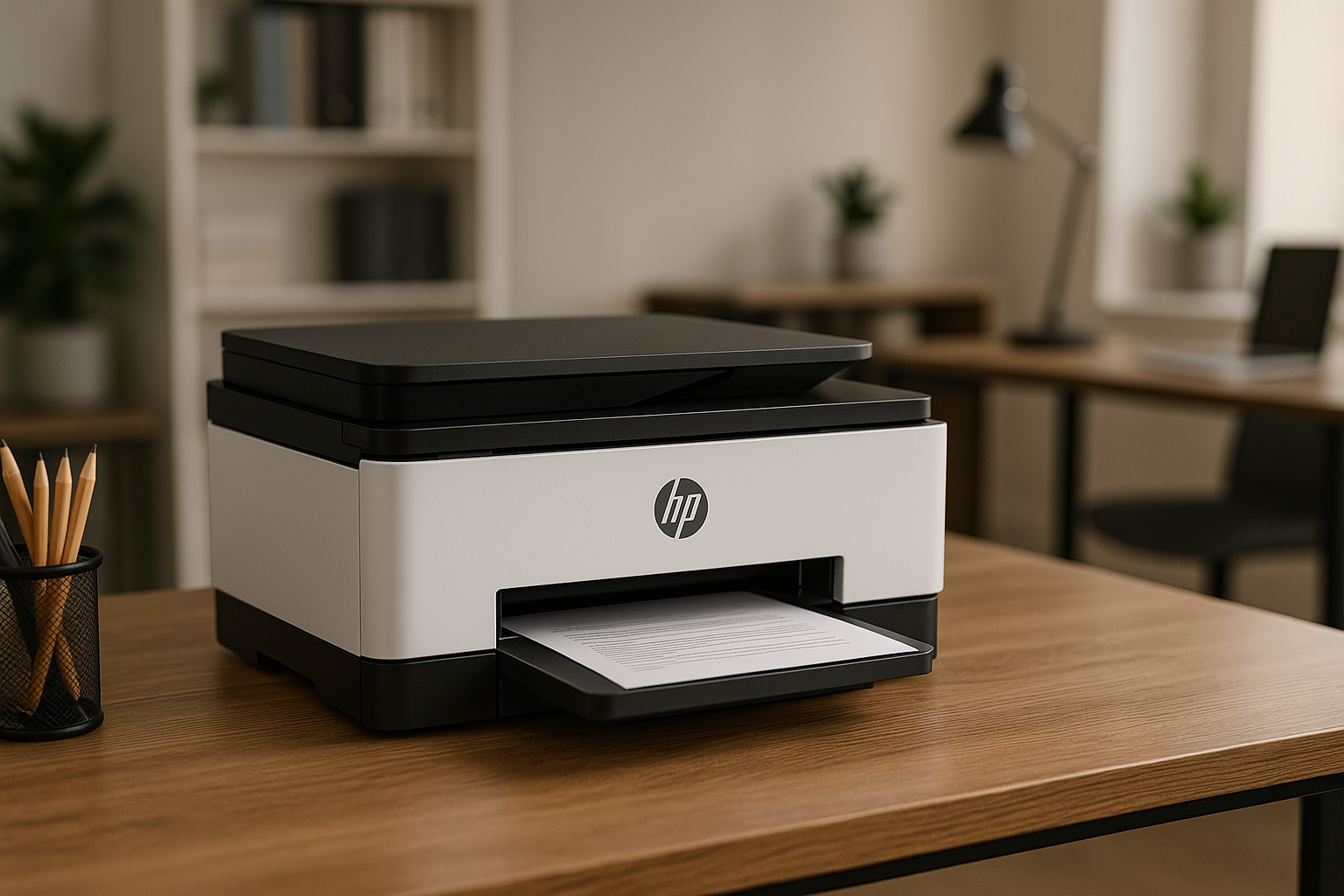 HP printing machine on wooden table on a  working area