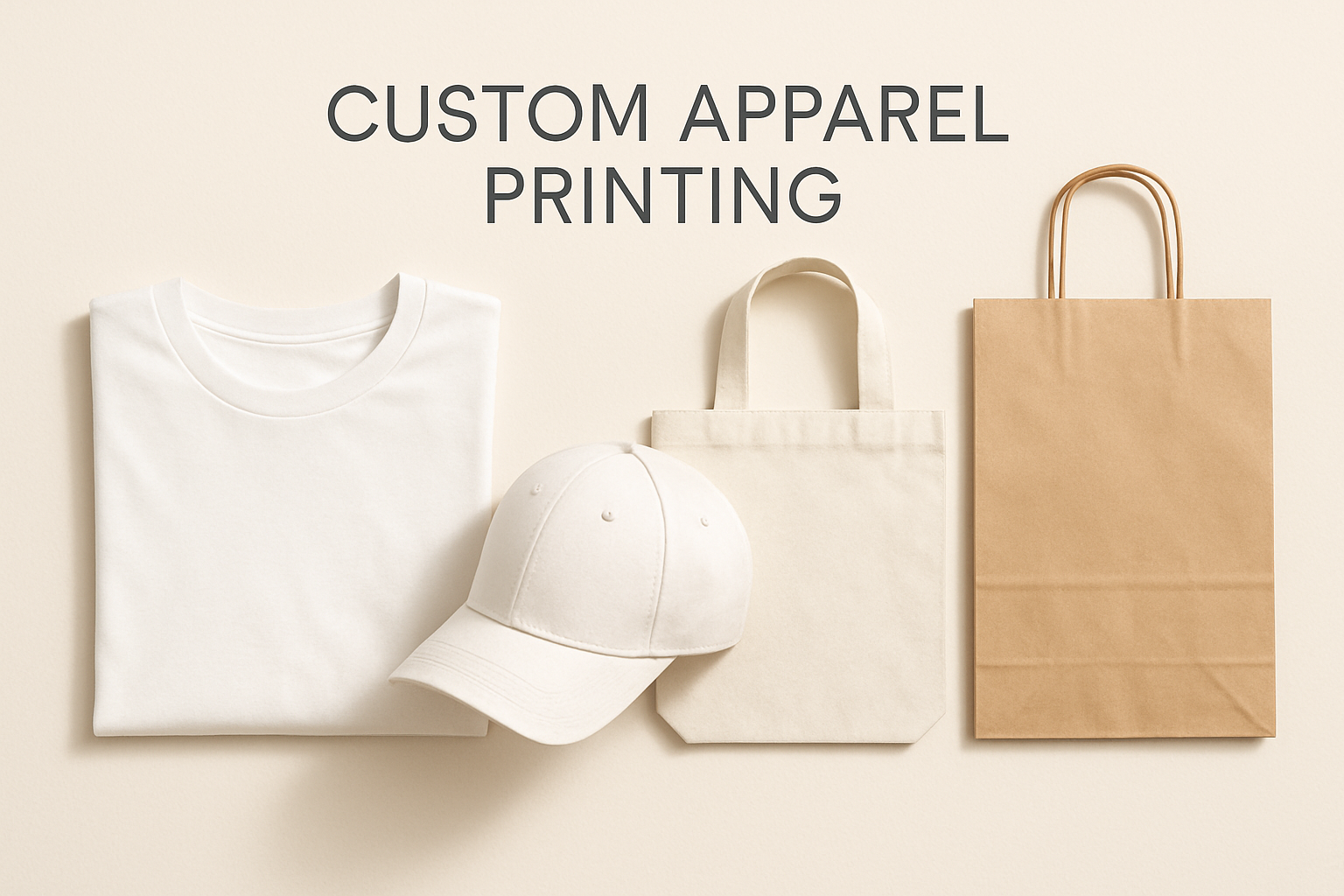 i need a catogory image for my website collec tion in simple format with cream background is shoulb simple and attractive also no need toom much images just simple image for catgory Custom Apparel Printing which includes T-Shirts, Caps, Tote Bags, Paper Bags