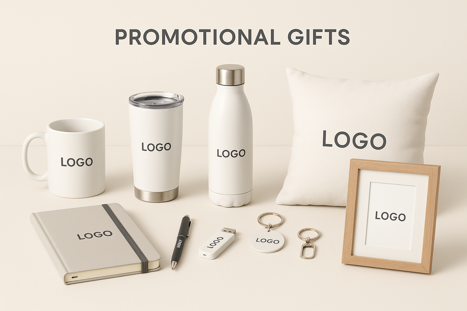 i need a catogory image for my website collec tion in simple format with cream background is shoulb simple and attractive also no need toom much images just simple image for catgory Promotional Gifts which includes BRANDING OF  Mugs, Tumblers, Bottles, Diaries, Pens, USBs, Keychains, Pillows, Frames