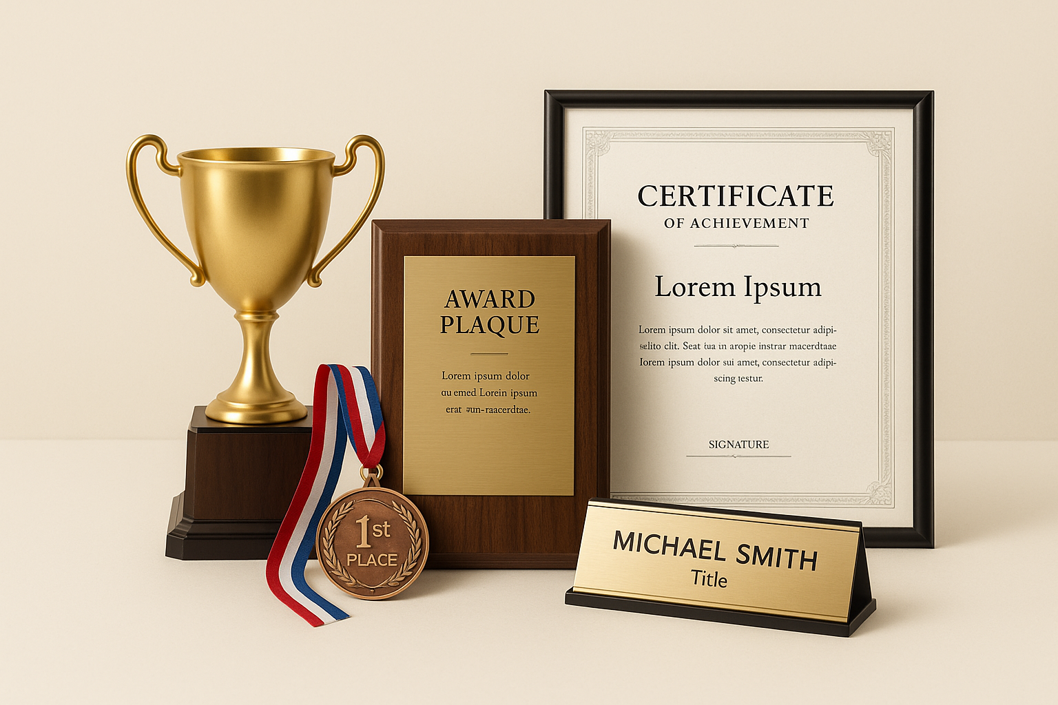 I NEED A CATOGORY REALISTIC IMAGE FOR MY CATAGORY PRINT & COPY SRVICES BACK GROUND COLOR MUST BE CREAM COLOR THE BASIC ITEMS IN THIS CATAGORY IS Awards & Recognition WHICH INCLUDES Plaques, Trophies, Medals, Certificates, Name Plates MAKE IT ACCORDING TO THIS AND NO NEED LOT OF IMAGES JUST SIM[LE IMAGES WITH HIGH  QUALITY AND KEEP THE SBJECTS TO CENTRE AND LEAVE SOME SPACE AS IT IS AUTO CROPING WHILE UPLOADING