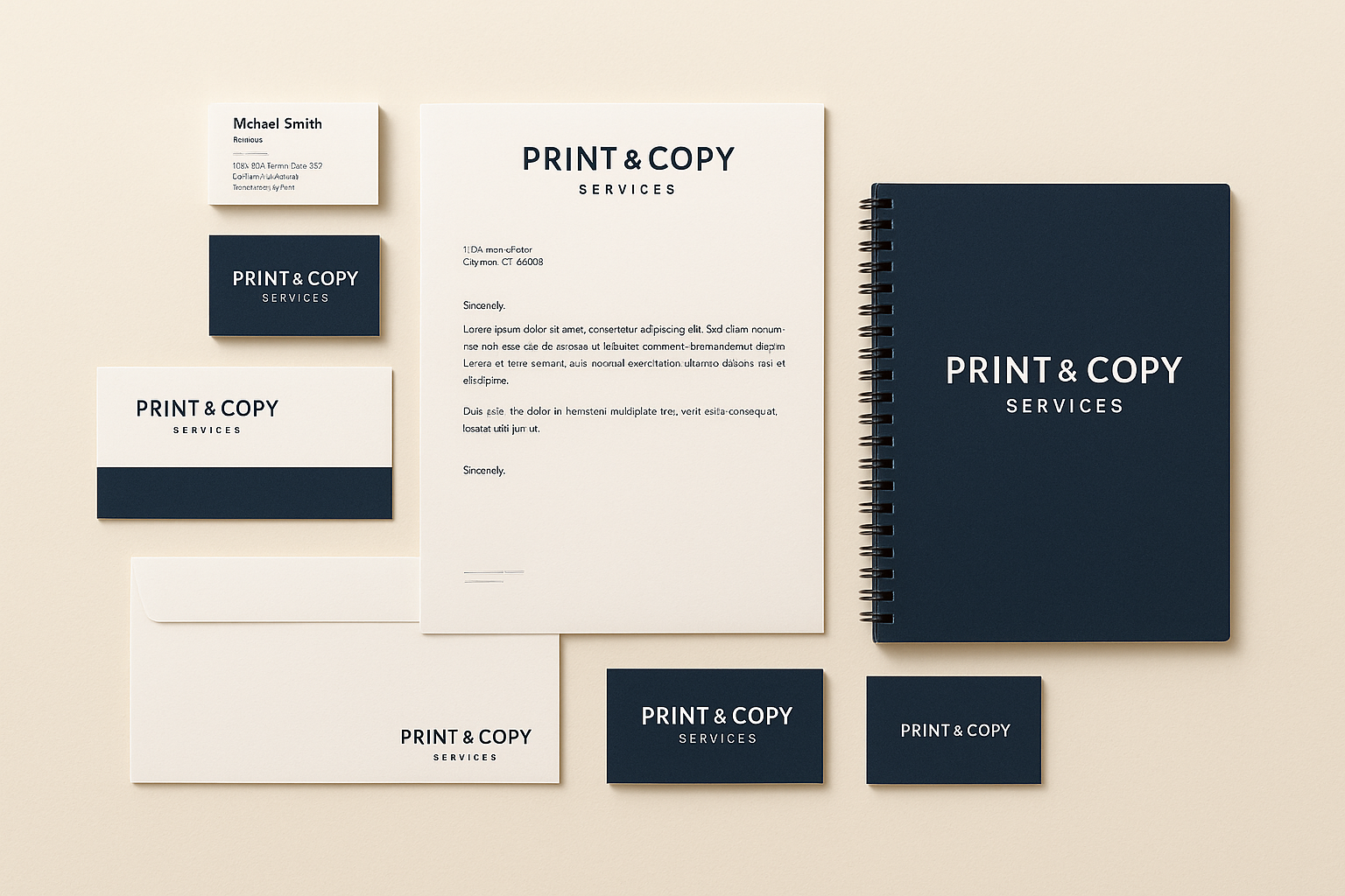 I NEED A CATOGORY REALISTIC IMAGE FOR MY CATAGORY PRINT & COPY SRVICES BACK GROUND COLOR MUST BE CREAM COLOR THE BASIC ITEMS IN THIS CATAGORY IS Corporate Stationery WHICH INCLUDES Business Cards, Letterheads, Envelopes, Notebooks, Folders MAKE IT ACCORDING TO THIS AND NO NEED LOT OF IMAGES JUST SIM[LE IMAGES WITH HIGH  QUALITY AND KEEP THE SBJECTS TO CENTRE AND LEAVE SOME SPACE AS IT IS AUTO CROPING WHILE UPLOADING WE ARE DOING PRINTING ON THESE ITEMS SO MAKE SOME GOOD DESIGNS ON THE ITEMS