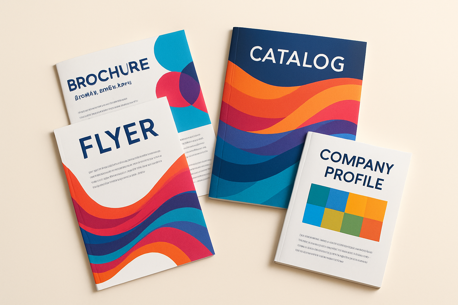 I NEED A CATOGORY REALISTIC IMAGE FOR MY CATAGORY PRINT & COPY SRVICES BACK GROUND COLOR MUST BE CREAM COLOR THE BASIC ITEMS IN THIS CATAGORY IS Marketing Materials WHICH INCLUDES Flyers, Brochures, Catalogues, Company Profiles MAKE IT ( ALL THE ITEMS IN COLOR FULL )ACCORDING TO THIS AND NO NEED LOT OF IMAGES JUST SIM[LE IMAGES WITH HIGH  QUALITY AND KEEP THE SBJECTS TO CENTRE AND LEAVE SOME SPACE AS IT IS AUTO CROPING WHILE UPLOADING