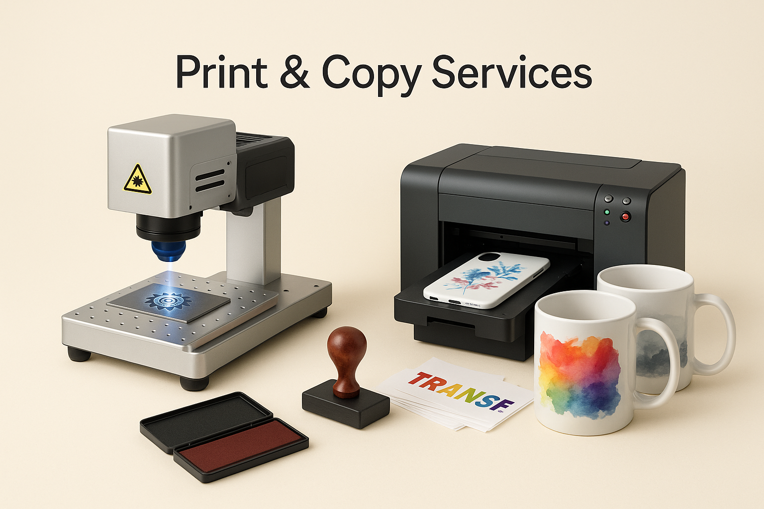 I NEED A CATOGORY REALISTIC IMAGE FOR MY CATAGORY PRINT & COPY SRVICES BACK GROUND COLOR MUST BE CREAM COLOR THE BASIC ITEMS IN THIS CATAGORY IS Specialized Printing WHICH INCLUDES Laser Engraving OF ITEMS , Stamp Making, UV Printing OF ITEMS , DTF & Sublimation MAKE IT ACCORDING TO THIS AND NO NEED LOT OF IMAGES JUST SIM[LE IMAGES WITH HIGH  QUALITY AND KEEP THE SBJECTS TO CENTRE AND LEAVE SOME SPACE AS IT IS AUTO CROPING WHILE UPLOADING