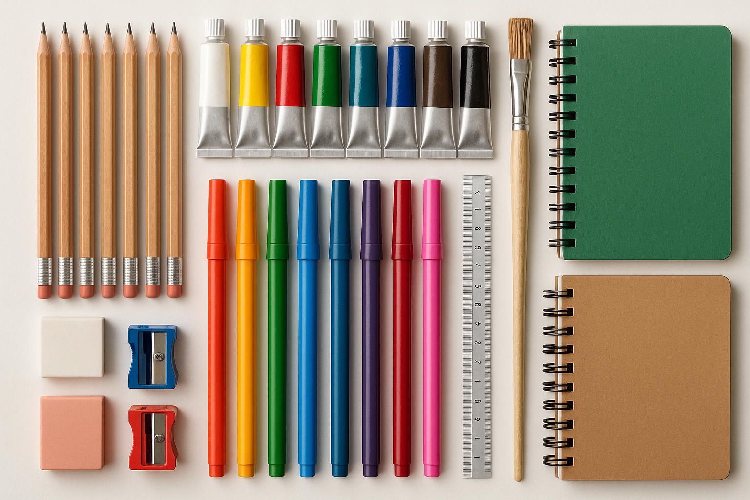 i need real scoll staionerieses images like pencils , acrykic colors like that