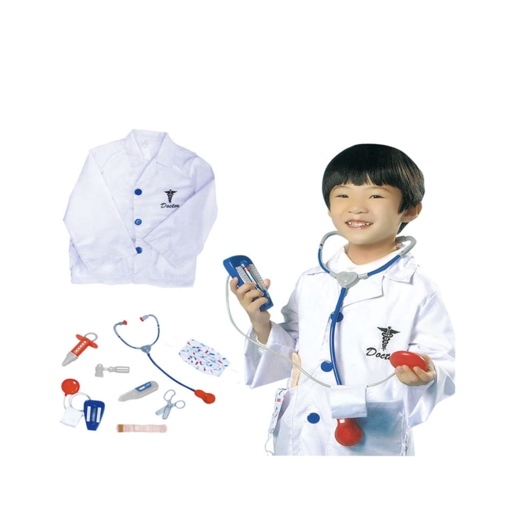 Child wearing kids doctor costume with white coat and toy stethoscope in Qatar