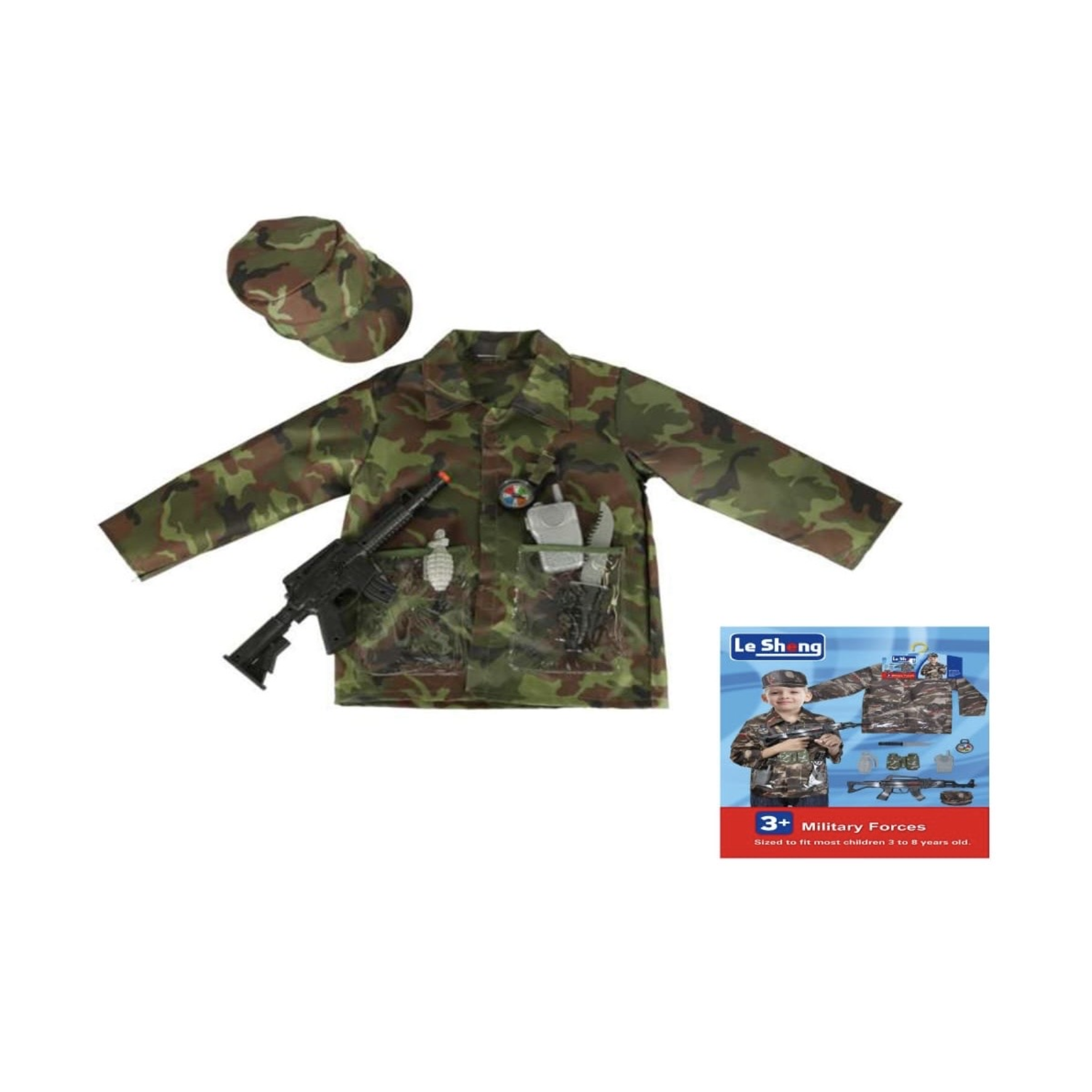 Child wearing Qatar military force costume – green camouflage outfit for school or National Day