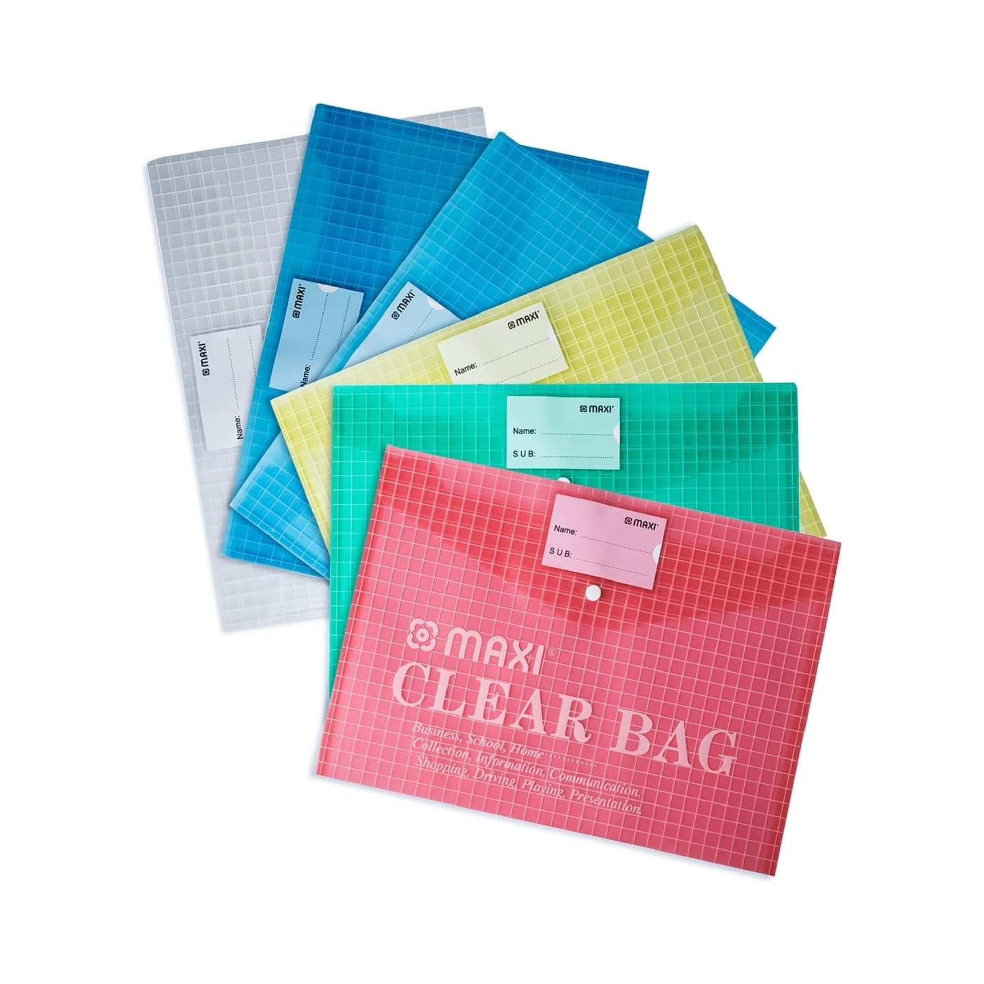 Transparent file storage bag for school and office use