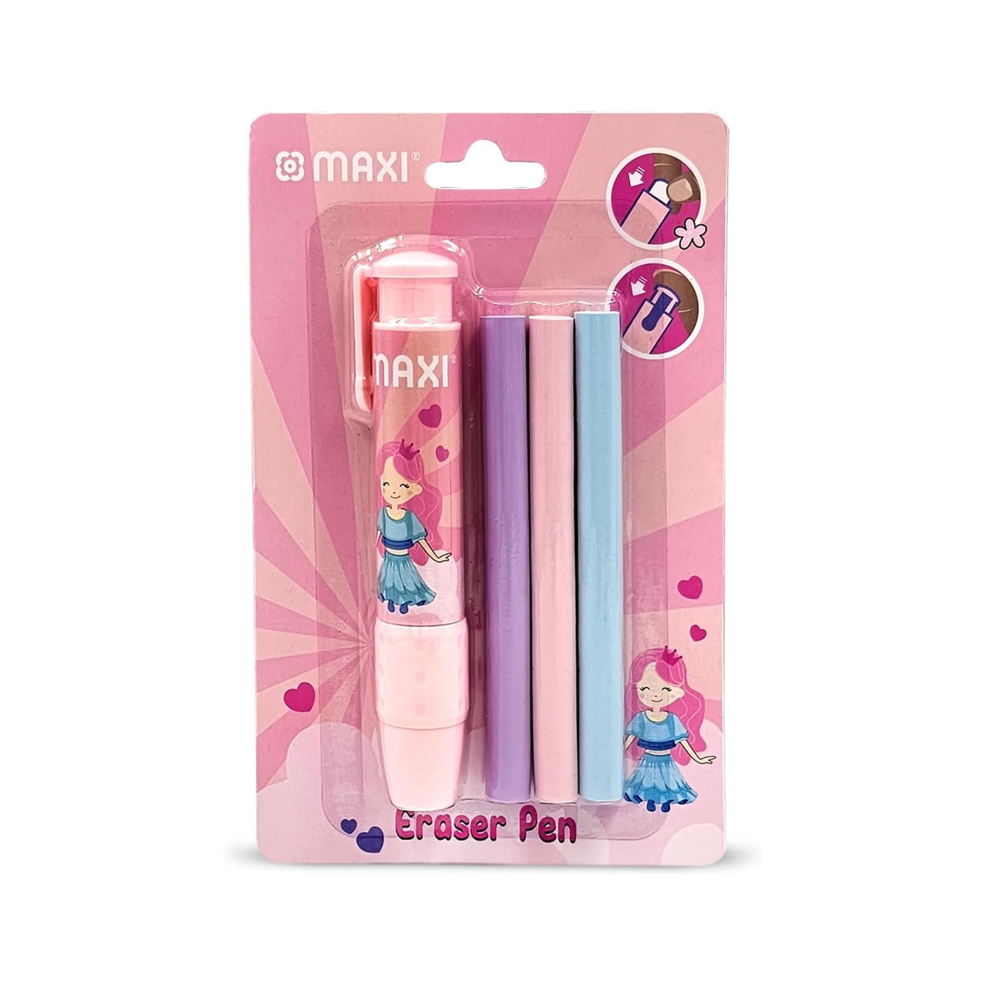 Maxi PVC eraser pen with refill in pink for school and office use