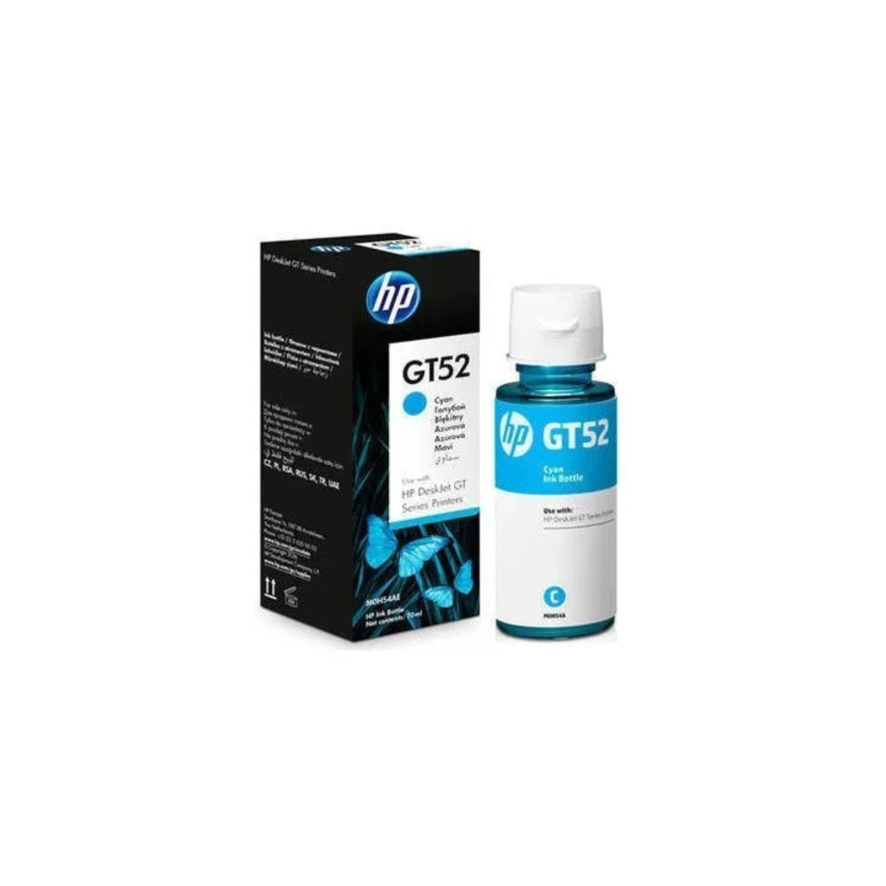 HP GT52 Cyan Ink Bottle front view – genuine HP ink in Qatar