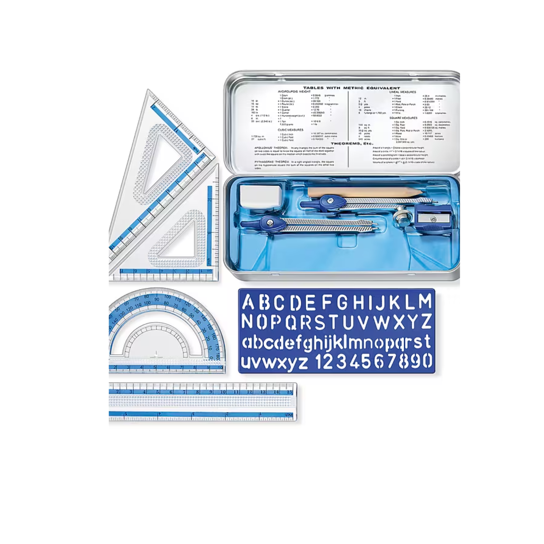Top view of Staedtler 10-piece geometry set including compass, ruler, and protractor in hard case – perfect for school and technical use in Qatar