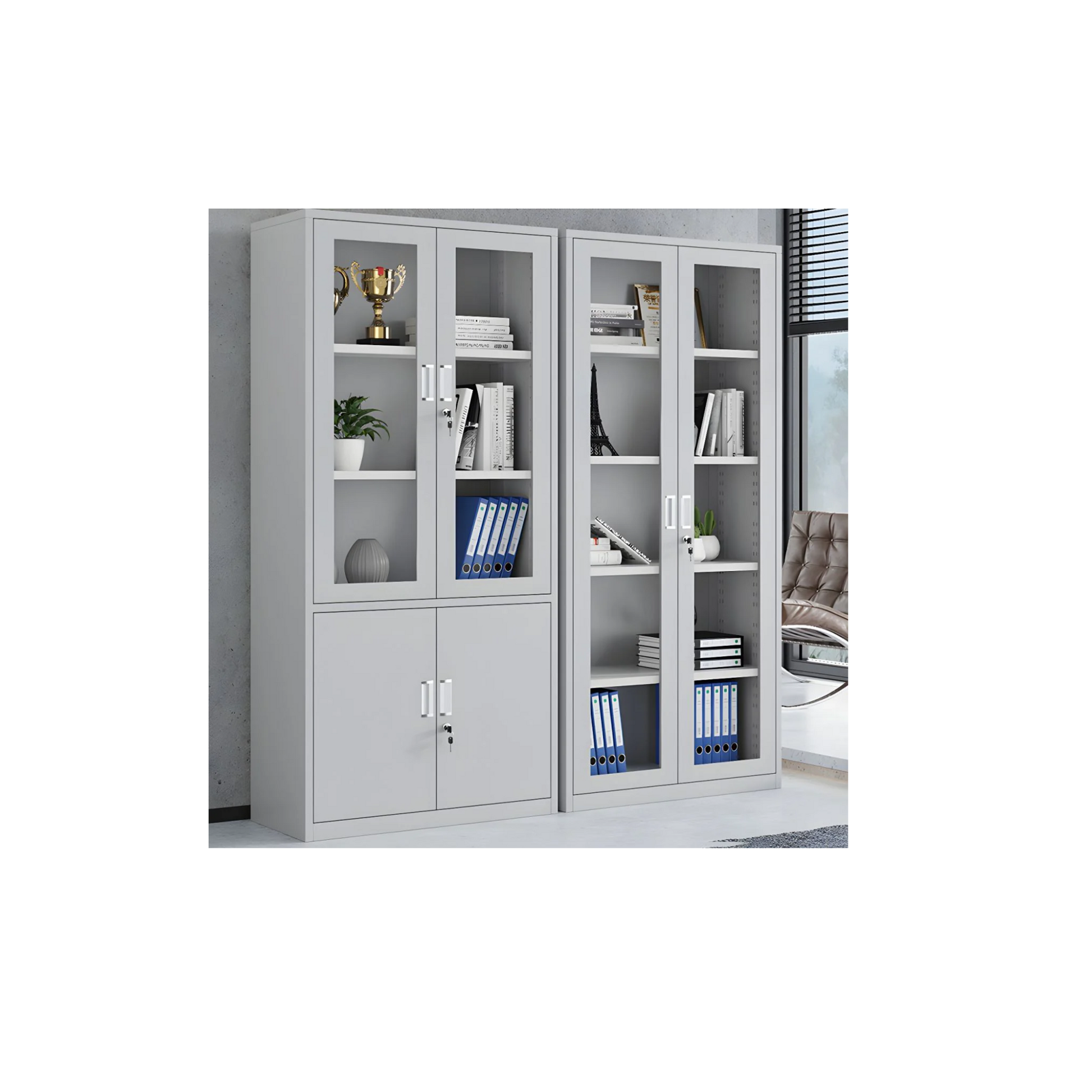 Steel 2-Door Glass Office File Cabinet with Frosted Grey Body and White Doors – H1830mm W900mm D450mm – Office Storage in Qatar
