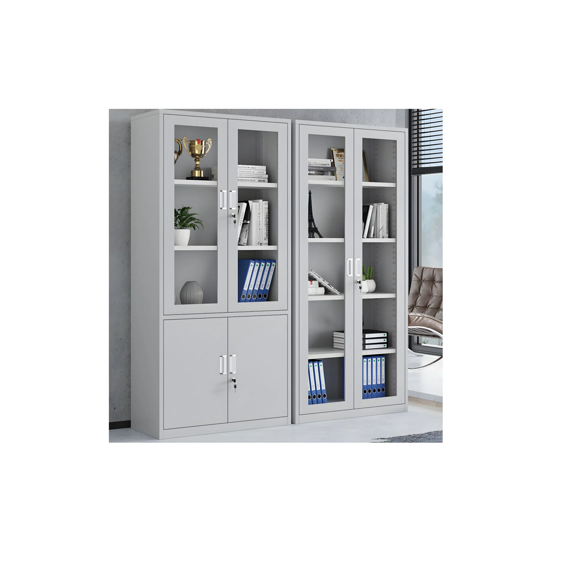 Steel 2-Door Glass Office File Cabinet with Frosted Grey Body and White Doors – H1830mm W900mm D450mm – Office Storage in Qatar
