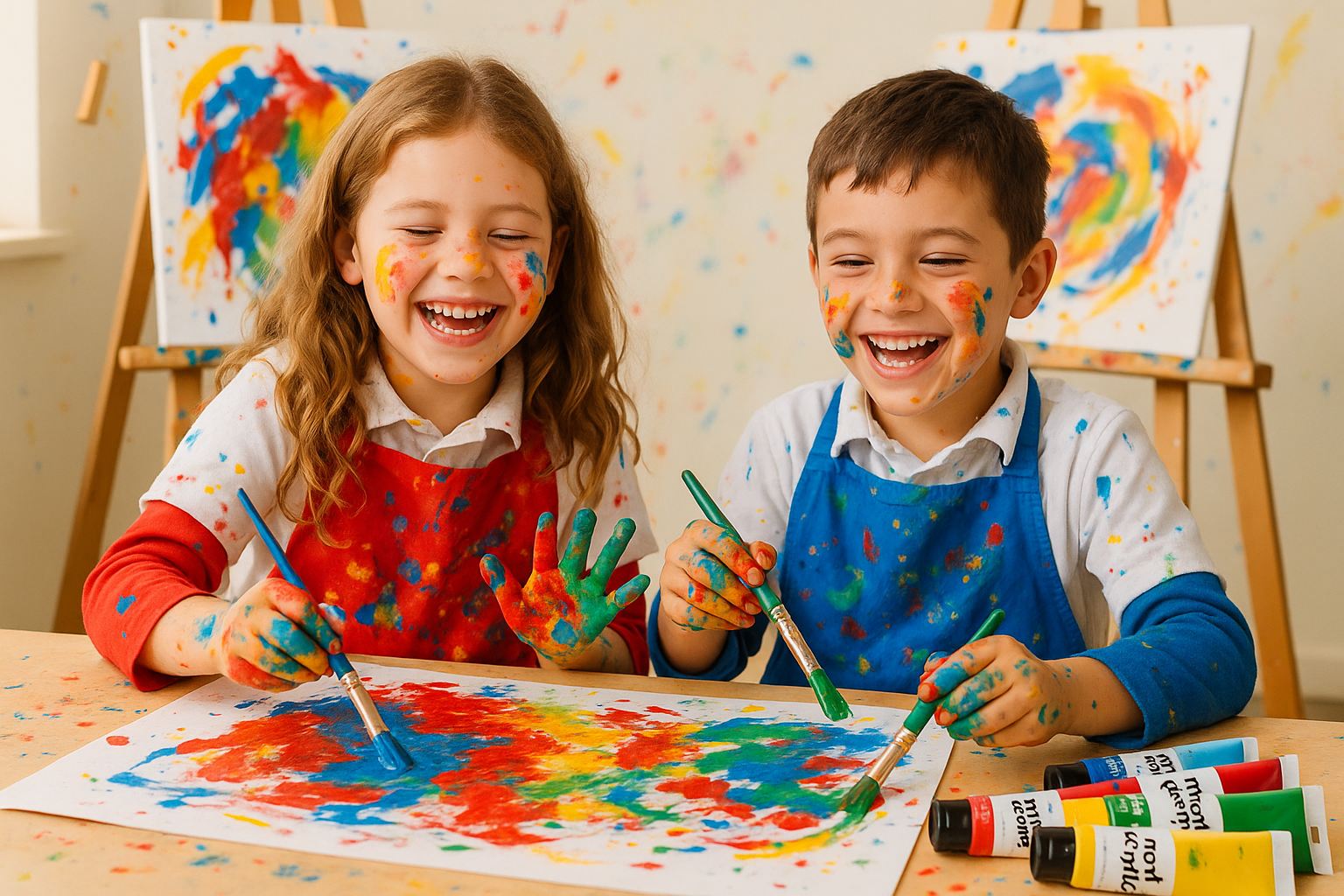 TWO SCHOOL KIDS PAINTING USING MONT MARTE ACRYLIC PAINT AND THEIR HAND IS FULL OF COLOR AND IN THEIR DRESS ALSO SPILLED WITH SOME COLOR AND THEY ARE HAVING FUN WITH MONT MARTE ACRYLIC PAINT 